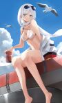  1girl azur_lane bare_legs bikini bird blue_eyes breasts can cleavage cloud coca-cola cross day drinking_straw earrings eyewear_on_head grey_hair highres iron_cross jewelry looking_at_viewer manjirou_(manji_illust) off_shoulder official_alternate_costume product_placement scarf sitting smile soda_can sunglasses swimsuit tirpitz_(azur_lane) tirpitz_(snow-melting_summer)_(azur_lane) white_bikini 