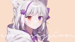  1girl animal_ear_fluff animal_ears bangs bow braid brown_background brown_eyes closed_mouth commission grey_hair hair_bow hand_up heterochromia highres hood hood_down hooded_jacket jacket long_hair looking_at_viewer moffle_(ayabi) multicolored_hair original paw_hair_ornament purple_bow purple_eyes purple_hair purple_shirt shirt simple_background smile solo streaked_hair white_jacket 
