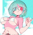  1girl :d areola_slip bangs bikini blue_eyes blue_hair blue_sky breasts bright_pupils cleavage closed_mouth cloud heterochromia large_breasts looking_at_viewer massakasama navel outdoors outside_border red_eyes short_hair sky smile solo swimsuit tatara_kogasa tattoo tongue tongue_out touhou upper_body white_bikini white_pupils 