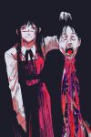  1girl absurdres asa_mitaka black_background blood blood_on_clothes chainsaw_man highres holding_another&#039;s_head horror_(theme) leaning_forward machipachi1901 monochrome neck_ribbon open_mouth red_eyes ribbon rolling_eyes scar scar_on_face severed_head smile spine spot_color 