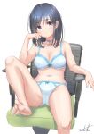  1girl bare_arms bare_legs bare_shoulders barefoot black_hair blue_eyes blush bow bow_bra bow_panties bra breasts chair cleavage closed_mouth collarbone feet_out_of_frame head_tilt highres knee_up long_hair looking_at_viewer medium_breasts office_chair on_chair original panties signature simple_background sitting solo umiroku underwear underwear_only white_background white_bra white_panties 