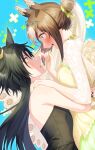  2girls absurdres air_shakur_(umamusume) animal_ears bangs bare_shoulders black_dress black_hair black_nails blush breasts brown_hair dress eye_contact fine_motion_(titania)_(umamusume) fine_motion_(umamusume) green_eyes green_nails hair_bun highres horse_ears hug lifting_person long_sleeves looking_at_another looking_at_viewer medium_hair multicolored_hair multiple_girls open_mouth pinky_out sleeveless sleeveless_dress small_breasts smile string string_of_fate tamayume teeth tiara two-tone_hair umamusume upper_body upper_teeth yellow_dress yuri 