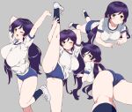  1girl arm_up ass bangs blue_buruma blue_socks breasts buruma closed_mouth green_eyes grey_background gym_uniform highres kurokawa_makoto large_breasts long_hair looking_at_viewer love_live! love_live!_school_idol_project low_twintails lying multiple_views on_stomach one_eye_closed parted_bangs pink_scrunchie purple_hair scrunchie shirt shoes short_sleeves simple_background smile socks split standing standing_on_one_leg standing_split swept_bangs thighs toujou_nozomi twintails white_footwear white_shirt 