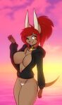  &lt;3 anthro big_breasts bikini bikini_bottom breasts canid canine canis cleavage clothed clothing collar female hi_res jackal jacket jaqueline_(scorpdk) looking_at_viewer mammal nintendo one_eye_closed open_mouth open_smile pok&eacute;mon scorpdk smile solo sunset swimwear topwear video_games wink 