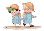  2boys ant backpack bag bakugou_katsuki black_footwear black_shorts blonde_hair blue_shirt blush boku_no_hero_academia bug child commentary_request fang finger_to_mouth freckles green_eyes green_hair hat highres holding_hands kindergarten_uniform long_sleeves looking_at_another looking_down male_child male_focus midoriya_izuku multiple_boys open_mouth red_eyes school_hat school_uniform shirt shoes short_hair shorts simple_background socks spiked_hair standing ujooo walking white_background yellow_bag yellow_footwear yellow_headwear younger 