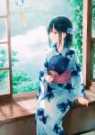  1girl bangs blue_flower blue_hair blue_kimono blunt_bangs cloud day flower hair_flower hair_ornament hairclip hand_fan hand_on_floor hiten_(hitenkei) holding holding_fan japanese_clothes kimono leaf looking_to_the_side medium_hair original paper_fan pink_flower sash sidelocks sitting solo tree wind_chime window windowsill yellow_eyes 