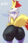  absurd_res ambiguous_gender anthro big_butt braixen butt canid canine clothing collar dialogue fangs hi_res legwear looking_at_viewer looking_back mammal misx nintendo pok&eacute;mon pok&eacute;mon_(species) presenting rear_view smile solo speech_bubble stockings thick_thighs video_games wide_hips 
