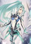  1girl bangs breasts chest_jewel earrings gloves green_eyes green_hair highres jewelry large_breasts long_hair pneuma_(xenoblade) ponytail solo swept_bangs tiara uyumizyunco very_long_hair xenoblade_chronicles_(series) xenoblade_chronicles_2 