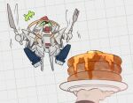  chibi commentary english_commentary food fork green_eyes grid_background gundam gundam_hathaway&#039;s_flash holding holding_fork holding_knife knife macha@meshi mecha mobile_suit pancake plate robot sd_gundam table_knife v-fin xi_gundam 