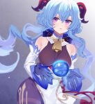  1girl ahoge bangs bare_shoulders bell blue_gloves blue_hair blush bow breasts detached_sleeves ganyu_(genshin_impact) genshin_impact gloves gold_trim highres horns long_hair looking_at_viewer medium_breasts neck_bell orb parted_lips purple_eyes sidelocks solo thighlet white_sleeves wu_lu_(itsuka) 