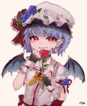 1girl bangs bat_wings black_gloves black_wings blue_flower blue_rose earrings fingerless_gloves flower gloves hat hat_flower highres holding holding_flower jewelry looking_at_viewer meiguu mob_cap pointy_ears purple_hair red_eyes red_flower red_nails red_rose remilia_scarlet rose shirt short_hair signature simple_background smile solo touhou upper_body white_background white_gloves white_headwear white_shirt wings wrist_cuffs 