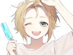  1boy blonde_hair blue_eyes food heridy looking_at_viewer male_focus matome_(heridy) mole mole_under_eye one_eye_closed open_mouth original popsicle shirt short_hair short_sleeves shorts smile solo teeth white_background white_shirt 