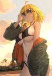  1girl ahoge bikini black_bikini blonde_hair blush breasts green_jacket griffon_(last_origin) holding holding_eyewear hot ichihyaku_nanajuu jacket jacket_partially_removed large_breasts last_origin looking_at_viewer navel outdoors sideboob solo sunglasses sunset sweat sweatdrop swimsuit tan 