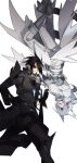 2boys black_gloves black_hair blue_eyes boots elbow_gloves gloves grey_footwear hand_on_hip jacket multiple_boys open_mouth pale_skin personification pokemon reshiram simple_background spiked_hair sunglasses upside-down white_background white_hair zekrom 