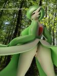  3d_(artwork) anthro anus blender_(software) breasts butt clothed clothed/nude clothing digital_media_(artwork) female forest gardevoir genitals hi_res hiddenmask18 lidded_eyes looking_at_viewer looking_back nintendo nude plant pok&eacute;mon pok&eacute;mon_(species) pussy rear_view solo tree video_games 