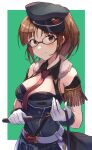  1girl absurdres akizuki_ritsuko bangs belt black_headwear blunt_bangs blush border breasts brown_eyes brown_hair buckle closed_mouth dress fur_collar glasses green_background hat heart heart-shaped_buckle highres holding holding_whip idolmaster idolmaster_(classic) looking_at_viewer necktie outside_border red_necktie short_hair shuucream_(syuichi) simple_background smile solo upper_body whip white_belt white_border 
