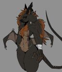  anthro bat_wings big_ears breasts brown_body brown_fur chiropteran claws eyeliner fangs female freckles fur furgonomics furry-specific_piercing genitals hair hi_res honeybunnie makeup mammal membrane_(anatomy) membranous_wings nipple_piercing nipples orange_hair piercing pussy red_eyes scar solo stinky_bat thick_thighs wing_piercing wings 