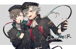  2boys alternate_costume bags_under_eyes black_choker black_gloves black_headwear cabbie_hat choker chronoir ear_piercing finger_to_mouth fingerless_gloves gloves grey_eyes grey_hair hat idol kanae_(nijisanji) kiragera kuzuha_(nijisanji) light_brown_hair long_hair long_sleeves looking_at_viewer mole mole_under_eye multiple_boys nail_polish nijisanji one_eye_closed piercing red_eyes red_nails shushing smile vampire 