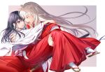  1boy 1girl animal_ears black_hair blue_eyes border carrying couple dog_ears fangs fingernails hair_between_eyes hakama hand_on_another&#039;s_chin highres higurashi_kagome inuyasha inuyasha_(character) japanese_clothes katana long_hair long_sleeves looking_at_another miko motobi_(mtb_umk) official_alternate_costume open_mouth orange_eyes pants princess_carry red_pants sandals sharp_fingernails smile socks sword weapon white_hair wide_sleeves 