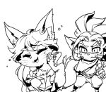  1boy 1girl ahri_(league_of_legends) alternate_form bangs closed_eyes english_commentary facial_mark fangs greyscale katana league_of_legends long_hair long_sleeves monochrome open_mouth pants phantom_ix_row pointy_ears ponytail sword weapon whisker_markings yasuo_(league_of_legends) yordle 