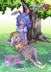  2girls barefoot blonde_hair blue_dress blue_hair breasts cleavage commentary_request day dress frilled_dress frills grass groin happy highres lap_pillow large_breasts medium_breasts midriff multiple_girls navel orange_shirt outdoors rabbit_girl ringo_(touhou) seiran_(touhou) shirt soles toes touhou translation_request tree yellow_shirt 