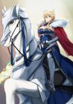  1girl absurdres armor artoria_pendragon_(fate) artoria_pendragon_(lancer)_(fate) blonde_hair braid breasts cape cleavage cleavage_cutout clothing_cutout crown_braid dun_stallion_(fate) eyebrows_hidden_by_hair fate/grand_order fate_(series) fur_trim green_eyes highres holding holding_polearm holding_weapon horse horseback_riding large_breasts polearm red_cape revealing_clothes rhongomyniad_(fate) riding solo spear weapon yoo_tenchi 