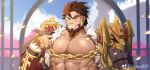  1boy abs armor bara beard chain character_request check_copyright copyright_request facial_hair falling_petals full_beard grin highres huzee_tiger large_pectorals looking_at_viewer male_focus mature_male muscular muscular_male mustache_stubble one_eye_closed orient_arcadia pauldrons pectorals petals scar scar_across_eye short_hair shoulder_armor smile solo textless_version thick_beard thick_eyebrows upper_body 