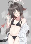  1girl :3 absurdres ahoge bikini black_bikini black_hair blue_archive blush clothes_down collarbone colored_inner_hair commentary_request demon_horns demon_tail fang flat_chest grey_background groin hair_intakes halo halterneck hand_up handjob_gesture head_tilt heart highres horns kasumi_(blue_archive) lab_coat long_hair multicolored_hair navel open_mouth oversized_clothes ponzu005 red_hair side-tie_bikini_bottom sidelocks sleeves_past_fingers sleeves_past_wrists steaming_body string_bikini sweat swimsuit tail thighs 