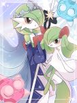  2girls bare_shoulders black_bow blue_background blue_eyes blue_sleeves blush bob_cut border bow colored_skin commentary_request detached_sleeves flat_chest floating full_body gardevoir gardevoir_(royal_winter) green_hair green_skin grey_headwear hair_over_one_eye happy heart highres holding holding_staff kirlia looking_at_viewer medium_hair minior minior_(blue_core) minior_(core) minior_(red_core) multicolored_skin multiple_girls one_eye_covered open_mouth outside_border partial_commentary pokemon pokemon_(creature) pokemon_cafe_remix red_eyes short_hair sidelocks smile sparkle staff star_(symbol) suzu_(pixiv_32232702) tiara two-tone_skin veil waist_cape white_border white_skin 