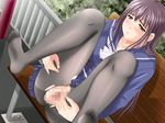  ass bangs bench bow censored enkaku_sousa_~mitsuniku_ni_umekomareta_remocon_vibe~ feet game_cg momiji_kei mosaic_censoring pantyhose purple_hair pussy railing school_uniform seto_akemi sitting skirt solo tears torn_clothes torn_legwear yellow_eyes 