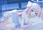 1girl absurdres angel_wings bare_shoulders blue_archive blush breasts feathered_wings flower hair_bun hair_flower hair_ornament halo highres indoors long_hair looking_at_viewer low_wings lying medium_breasts mika_(blue_archive) night off_shoulder on_bed on_side open_mouth pink_hair pink_halo seno_(senohime) side_up_bun single_hair_bun single_side_bun solo wings yellow_eyes 