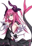  1girl :d bare_shoulders black_dress blue_eyes blush breasts curled_horns detached_sleeves dragon_girl dragon_horns dragon_tail dress elizabeth_bathory_(fate) elizabeth_bathory_(fate/extra_ccc) elizabeth_bathory_(first_ascension)_(fate) fate/extra fate_(series) hair_ribbon halter_dress halterneck highres horns long_hair looking_at_viewer open_mouth pink_hair pointy_ears ribbon small_breasts smile solo tail takanashi_kei_(hitsujikan) two_side_up v wrist_cuffs 