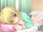  1girl blonde_hair blush chaamii closed_mouth commentary_request curtains empty_x_embryo expressionless eyes_visible_through_hair foreshortening full_body green_eyes green_pajamas hair_between_eyes hair_over_shoulder head_on_pillow highres indoors kono_natsuki long_hair long_sleeves looking_at_viewer lying on_bed on_side pajamas pillow pink_pillow signature solo 
