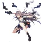  1girl belt_pouch black_footwear black_gloves collar counter:side eujin full_body gloves grey_hair gun handgun holster long_hair multiple_weapons necktie official_art open_clothes partially_unbuttoned pouch red_eyes skirt solo thigh_holster transparent_background weapon 