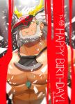  1boy abs antlers axe_necklace bara beard broken facial_hair full_beard gift_art glowing glowing_eyes happy_birthday highres hiwen-d huge_eyebrows jewelry large_pectorals looking_at_viewer male_focus mature_male muscular muscular_male necklace old old_man original parted_lips pectorals solo thick_beard upper_body veil_over_eyes yellow_eyes 