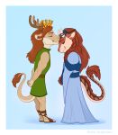 absurd_res anthro antlers athletic athletic_male belt caligae chibi claws clothing crown cute_eyes dragon dress duo eyes_closed female footwear forehead_kiss gown hair hands_behind_back headgear hi_res horn kissing long_hair male male/female mane medieval medieval_clothing muscular muscular_male muto_scapulari prince prince_borgon romantic romantic_ambiance royalty sandals tail tail_tuft tuft wholesome
