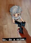  1boy astarion baldur&#039;s_gate baldur&#039;s_gate_3 brown_pants dungeons_and_dragons from_above go_do_a_crime_(meme) grey_hair grey_shirt gun holding holding_gun holding_weapon male_focus medium_hair meme mini_person miniboy pants pointy_ears red_eyes shinkomi shirt weapon wooden_floor 