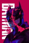  1boy armor batman batman_(series) blue_eyes cape character_name chin closed_mouth dc_comics english_text expressionless from_side hieumay highres limited_palette lips looking_to_the_side male_focus mask pink_background shattered solo superhero the_batman_(2022) upper_body 