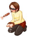  1girl bdsm black_blindfold blindfold blush bondage bound bound_wrists brown_hair cum cum_on_clothes cum_on_food food futaba_administrator futaba_channel hetero hot_dog kneeling non-web_source pantyhose pencil_skirt short_hair skirt tongue turtleneck 