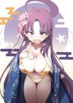  1girl :d absurdres bikini blue_archive breasts flower gold_bikini hair_flower hair_ornament halo haori highres japanese_clothes kndk_nuts large_breasts long_hair looking_at_viewer purple_hair purple_halo side-tie_bikini_bottom smile solo standing swimsuit thighs yukari_(blue_archive) 