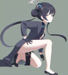 1girl ass black_coat black_dress black_gloves black_hair blue_archive butterfly_hair_ornament china_dress chinese_clothes coat commentary_request double_bun dress eko gloves grey_eyes hair_between_eyes hair_bun hair_ornament halo highres kisaki_(blue_archive) long_hair long_sleeves looking_at_viewer on_one_knee open_clothes open_coat pelvic_curtain side_slit sidelocks simple_background sleeveless solo twintails 