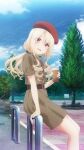  1girl belt blonde_hair blue_sky cloud cloudy_sky cup day dress fate/kaleid_liner_prisma_illya fate_(series) game_cg hair_between_eyes hat headwear_request highres holding holding_cup illyasviel_von_einzbern long_hair official_art open_mouth outdoors red_eyes short_sleeves sidelocks sitting sky solo third-party_source tree 