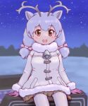  1girl animal_ears bell brown_eyes coat deer_ears deer_girl extra_ears gloves highres horns kemono_friends long_hair looking_at_viewer night night_sky outdoors pantyhose ribbon skirt sky snow solo twintails white_reindeer_(kemono_friends) zzz_ansh 