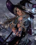  black_dress blue_butterfly bug butterfly dress gold_eyes hat highres holding holding_staff hollizho long_hair magic sheer_sleeves snake staff tattoo witch witch_hat 