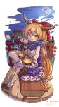  1girl absurdres blue_scarf bow brown_eyes brown_hair figure_four_sitting full_moon gourd hair_bow highres horns ibuki_suika incoming_food long_hair looking_at_viewer moon nero_augustus one_eye_closed oni pouring purple_skirt red_bow scarf shirt skirt sleeveless sleeveless_shirt socks solo touhou very_long_hair white_shirt wooden_bench 