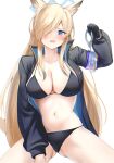  1girl absurdres animal_ears bikini black_bikini black_gloves black_jacket blonde_hair blue_archive blue_eyes blush breasts cuffs gloves handcuffs highres holding holding_handcuffs jacket kanna_(blue_archive) large_breasts long_hair long_sleeves looking_at_viewer navel open_clothes open_jacket open_mouth sharp_teeth simple_background sitting solo stomach straight-on swimsuit teeth thighs very_long_hair white_background yahan_(mctr5253) 