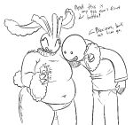 2019 4_fingers 5_fingers anthro arm_around_shoulders bald belly big_breasts black_and_white black_text bottomwear breasts button_(fastener) cellphone clothed clothed_anthro clothed_female clothed_human clothed_male clothing cotton_tail dialogue digital_drawing_(artwork) digital_media_(artwork) duo electronics english_text exclamation_point eyebrows eyelashes female female_anthro fingers floppy_ears front_view generation_4_pokemon happy holding_cellphone holding_object holding_phone human lagomorph leaning leaning_forward long_eyebrows lop_ears lopunny male mammal mature_anthro mature_female monochrome navel_outline nintendo noseless obese obese_anthro obese_female open_mouth open_smile overweight overweight_anthro overweight_female pants phone pokemon pokemon_(species) pokemorph portrait proud rabbit_ears shirt showing_cellphone simple_background simple_eyes smile sweater talking_to_another teeth text thatoneaceguy thick_eyebrows thick_thighs three-quarter_portrait tongue topwear white_background