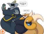 2024 2_tails 5_fingers anthro bailey_(dewwydarts) belly big_belly big_breasts black_clothing black_leotard breasts clothing desire_(dewwydarts) dewwydarts dialogue duo dusknoir english_text eyewear female fingers floating floatzel fluffy fluffy_tail fur generation_4_pokemon glasses grey_body hair hi_res huge_thighs leotard multi_tail nintendo obese obese_anthro obese_female open_mouth orange_body orange_fur orange_hair overweight overweight_anthro overweight_female patreon patreon_logo pokemon pokemon_(species) red_eyes simple_background simple_eyes speech_bubble tail text thick_thighs wearing_glasses white_background wide_hips