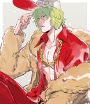  1boy coat fur_coat green_hair hat jewelry male_focus mocchi_(mkz) one_piece prince_grus ring solo wavy_hair 