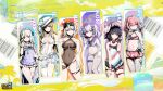  6+girls bare_shoulders benghuai_xueyuan bikini black_hair blonde_hair blue_eyes breasts choker cleavage copyright_name elivagar_(benghuai_xueyuan) eyewear_on_head flower glasses grey_hair hair_flower hair_ornament hat hat_flower highres honkai_(series) idun_(benghuai_xueyuan) inori_(benghuai_xueyuan) jewelry long_hair multiple_girls navel necklace nodens_(benghuai_xueyuan) official_art pink_eyes pink_hair purple_eyes purple_hair red_eyes sakura_(benghuai_xueyuan) second-party_source swimsuit thigh_strap tsumugi_(benghuai_xueyuan) 